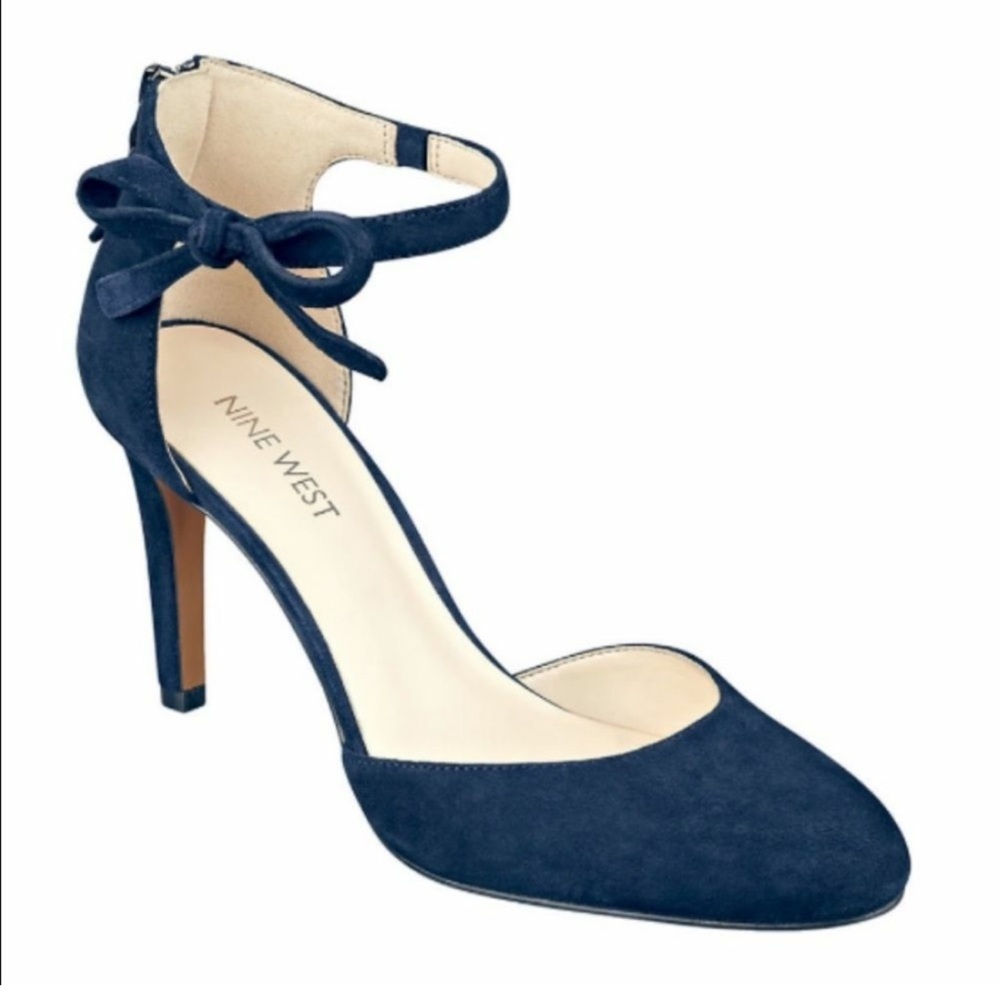 Nine West- Suede Bow Ankle Strap 3 1/2" Heels, Navy, Size 8M